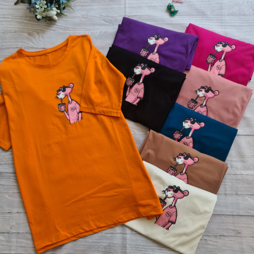 تیشرت لانگ زنانه طرح پلنگ صورتی جنس نخ پنبه سوپر آستین سه ربع فری سایز 38 تا 48