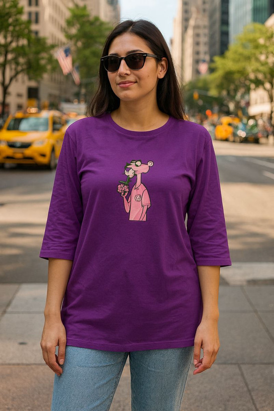 تیشرت لانگ زنانه طرح پلنگ صورتی جنس نخ پنبه سوپر آستین سه ربع فری سایز 38 تا 48