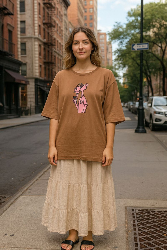 تیشرت لانگ زنانه طرح پلنگ صورتی جنس نخ پنبه سوپر آستین سه ربع فری سایز 38 تا 48