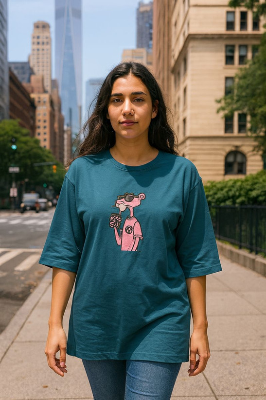 تیشرت لانگ زنانه طرح پلنگ صورتی جنس نخ پنبه سوپر آستین سه ربع فری سایز 38 تا 48