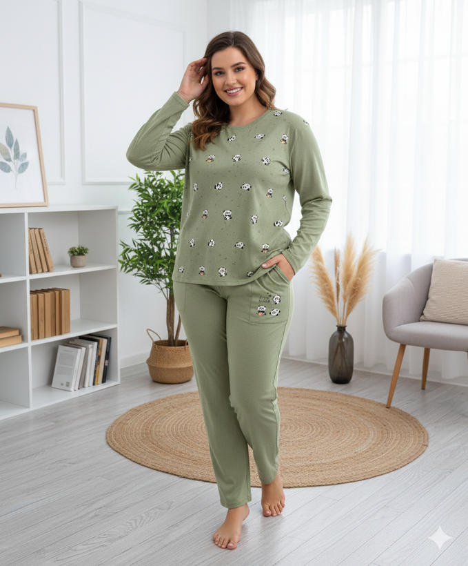 ست بلوز شلوار آستین بلند زنانه سایز بزرگ 40 تا 46 جنس نخ پنبه اعلا