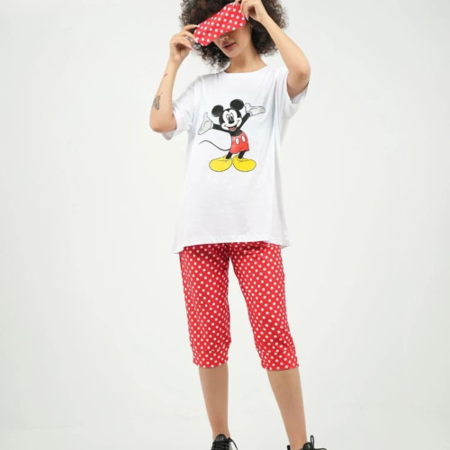 ست سه تیکه زنانه انیمیشنی تیشرت شلوارک چشم بند جنس پنبه سوپر فری سایز 36 تا 42