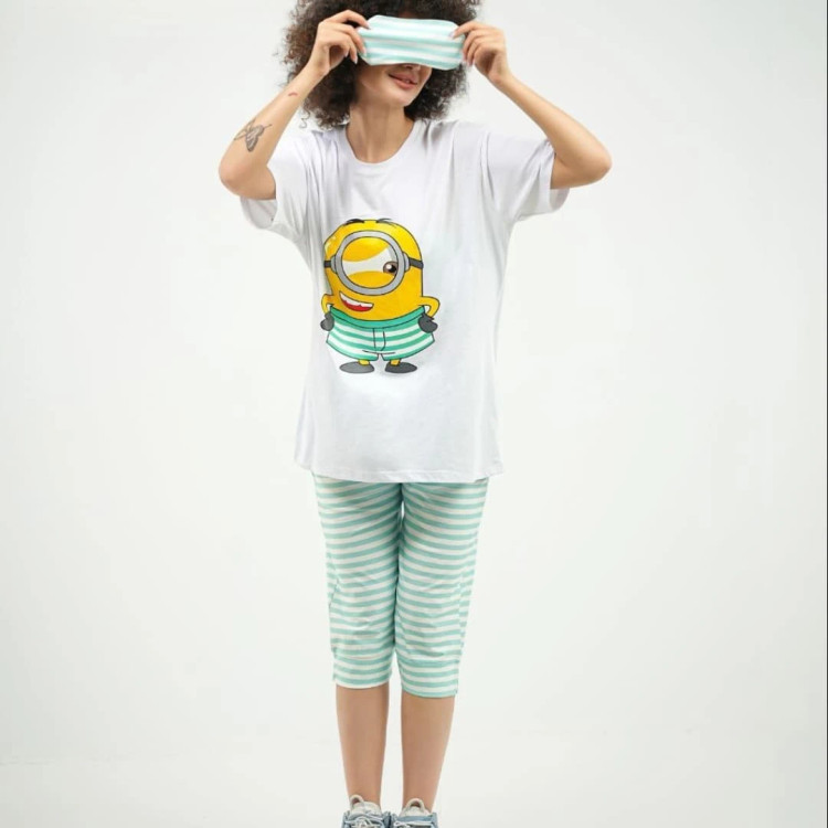 ست سه تیکه زنانه انیمیشنی تیشرت شلوارک چشم بند جنس پنبه سوپر فری سایز 36 تا 42