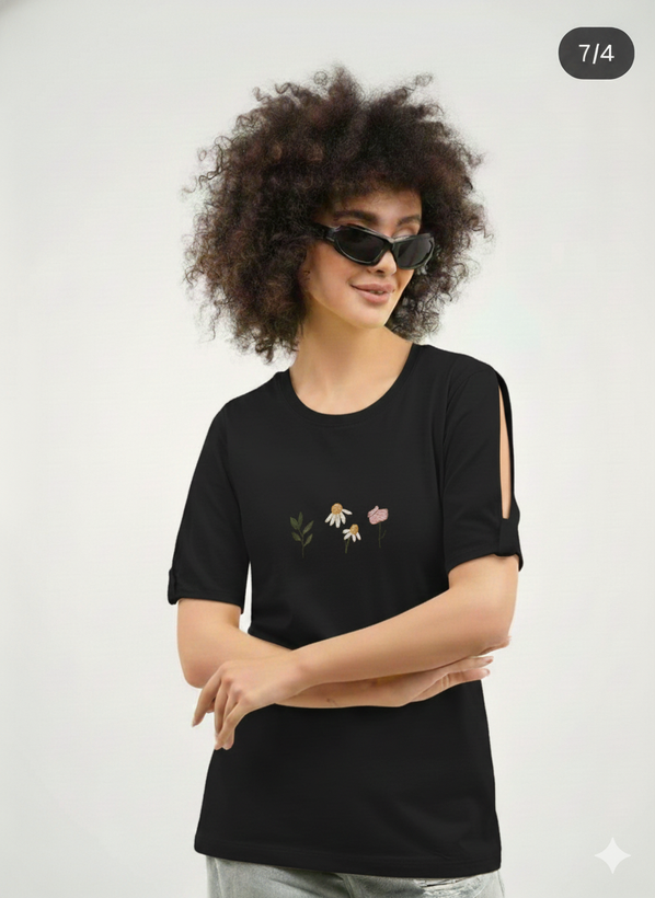 تیشرت زنانه گلدوزی آستین چاکدار جنس نخ و پنبه