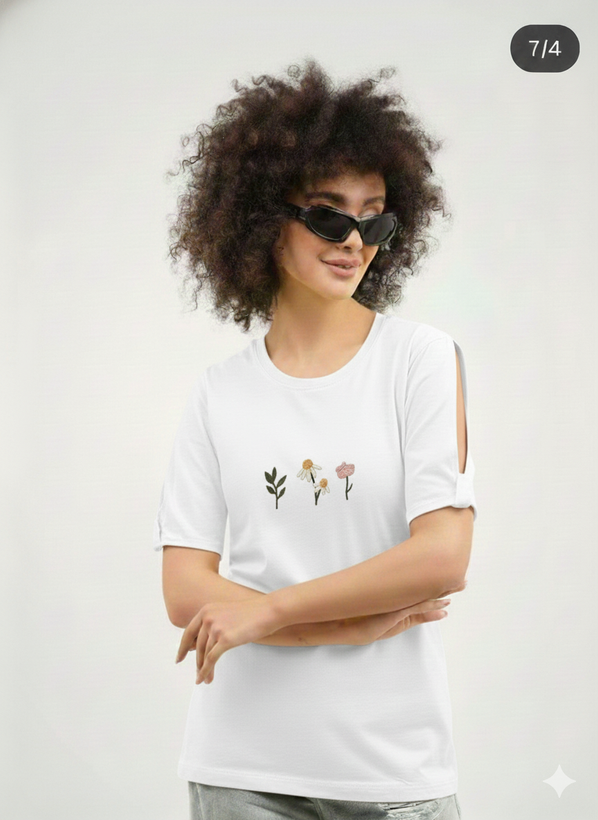 تیشرت زنانه گلدوزی آستین چاکدار جنس نخ و پنبه