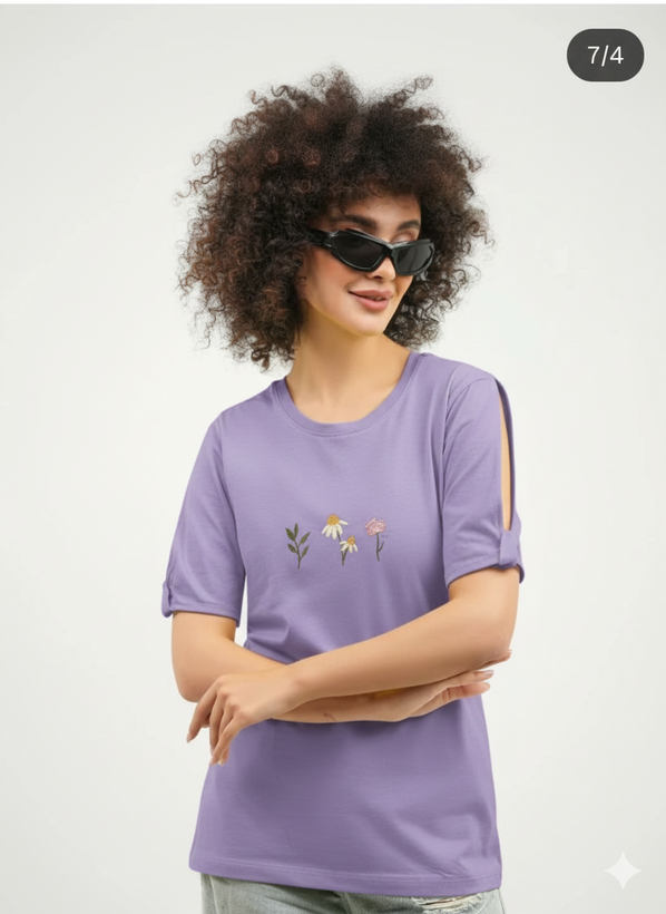 تیشرت زنانه گلدوزی آستین چاکدار جنس نخ و پنبه