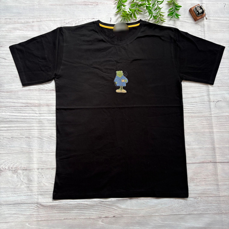 تیشرت لانگ زنانه مشکی گلدوزی قورباغه مشکی