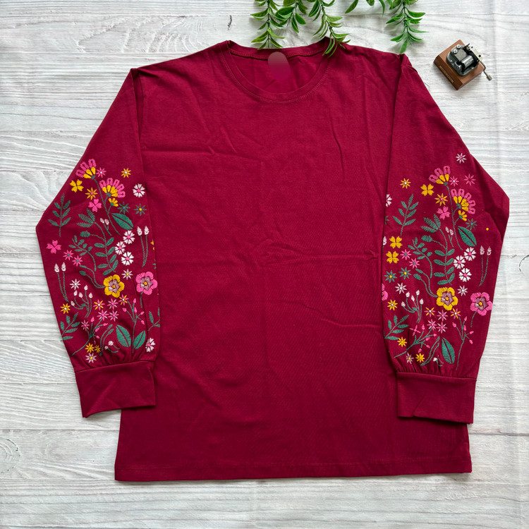 بلوز زنانه آستین بلند پفکی چاپی جنس نخ و پنبه زرشکی