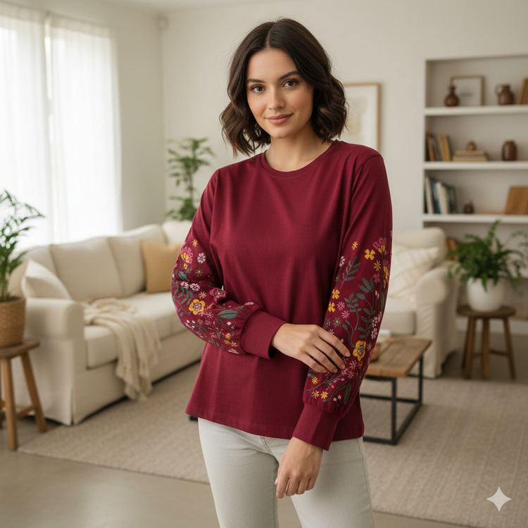 بلوز زنانه آستین بلند پفکی چاپی جنس نخ و پنبه زرشکی