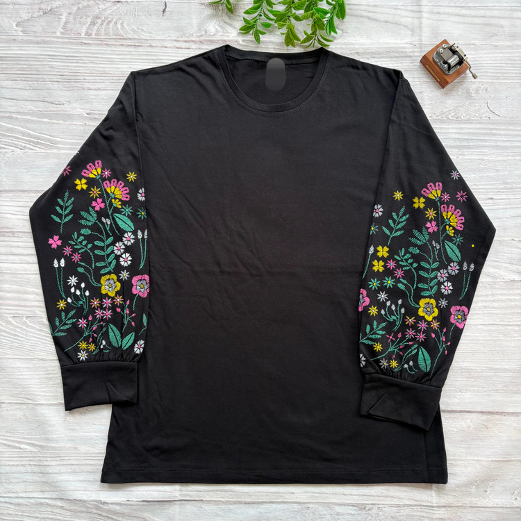 بلوز زنانه آستین بلند پفکی چاپی جنس نخ و پنبه مشکی