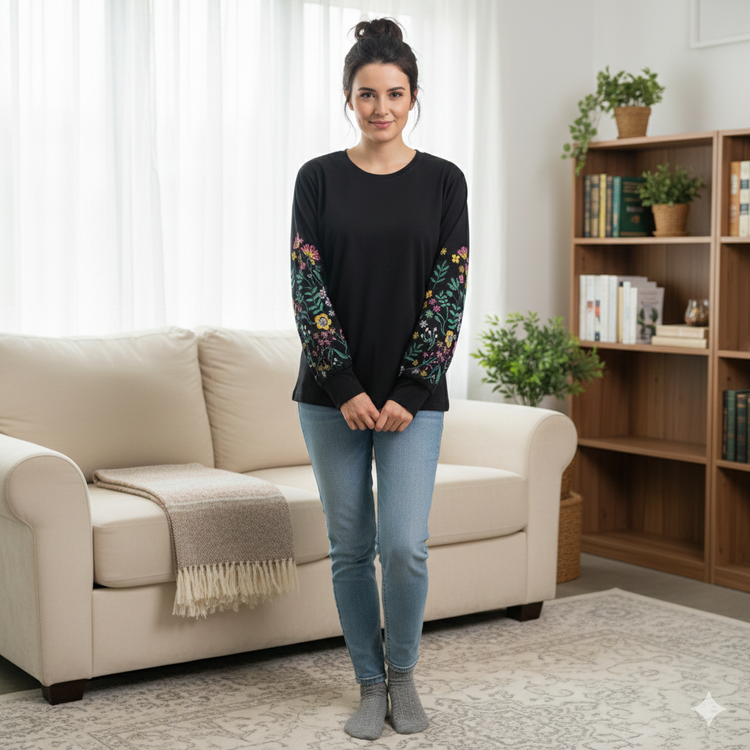 بلوز زنانه آستین بلند پفکی چاپی جنس نخ و پنبه مشکی