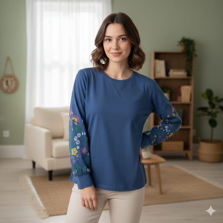 بلوز زنانه آستین بلند پفکی چاپی جنس نخ و پنبه آبی