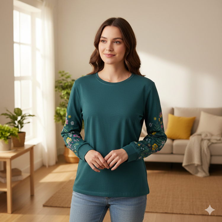 بلوز زنانه آستین بلند پفکی چاپی جنس نخ و پنبه کله غازی