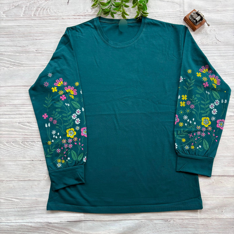 بلوز زنانه آستین بلند پفکی چاپی جنس نخ و پنبه کله غازی