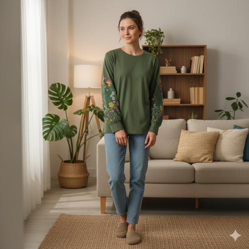 بلوز زنانه آستین بلند پفکی چاپی جنس نخ و پنبه سبز زیتونی