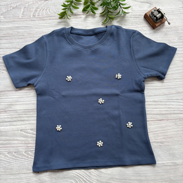 کراپ زنانه کبریتی مروارید دار فری سایز آبی نفتی