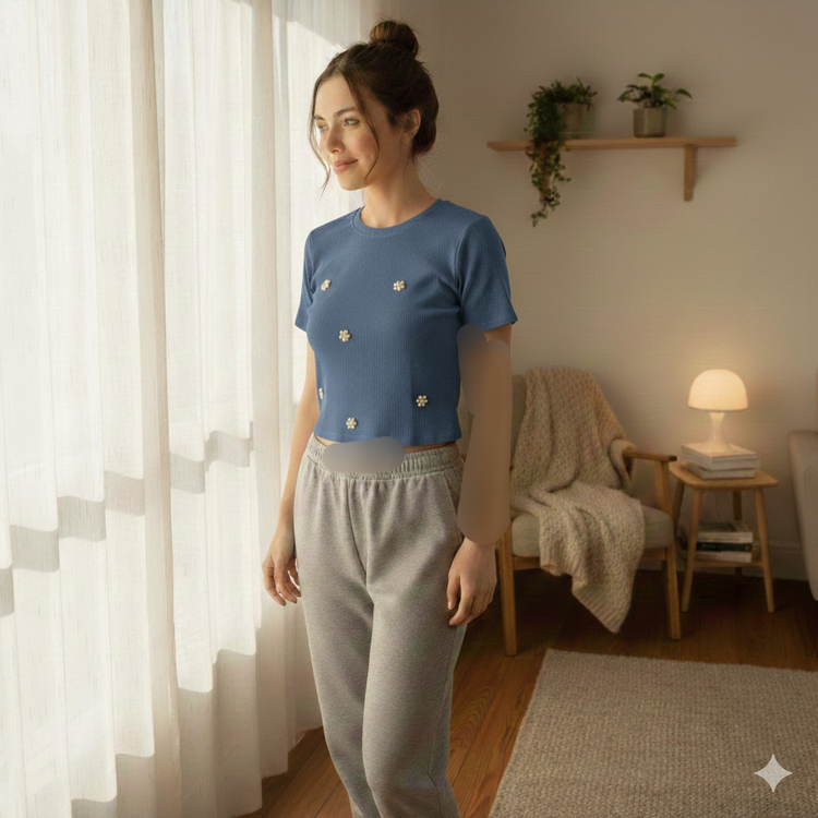 کراپ زنانه کبریتی مروارید دار فری سایز آبی نفتی