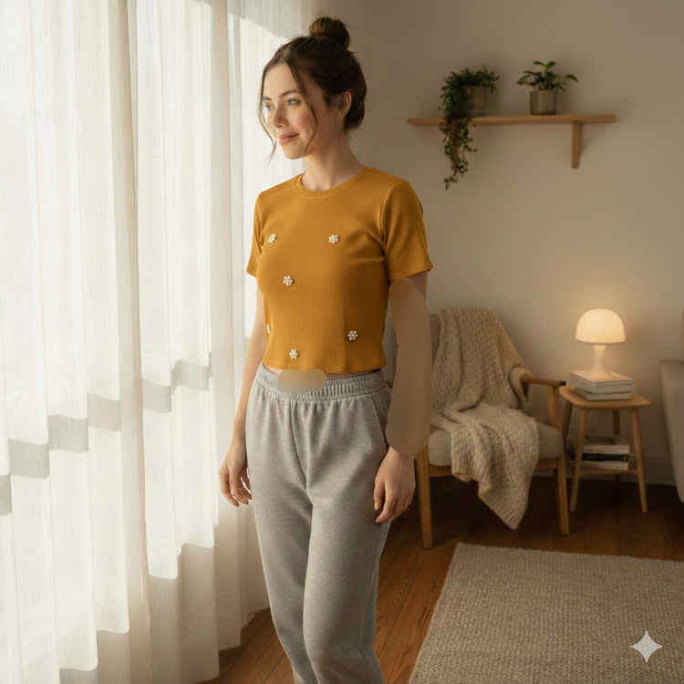 کراپ زنانه کبریتی مروارید دار فری سایز خردلی