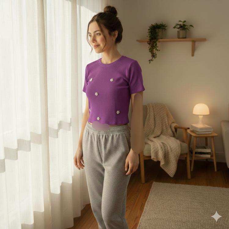 کراپ زنانه کبریتی مروارید دار فری سایز بنفش