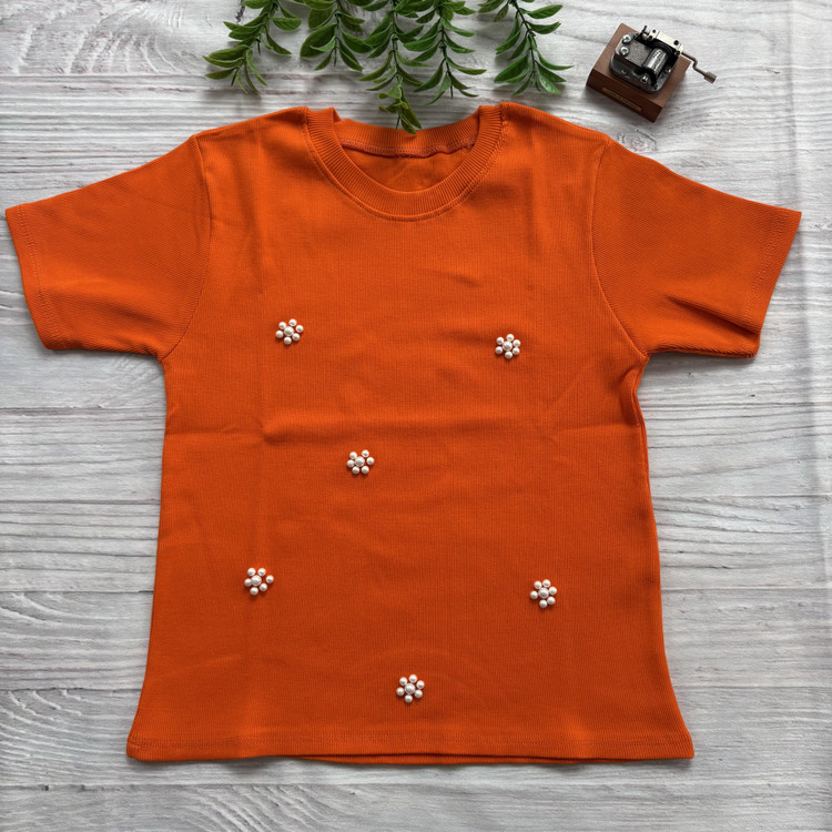 کراپ زنانه کبریتی مروارید دار فری سایز نارنجی