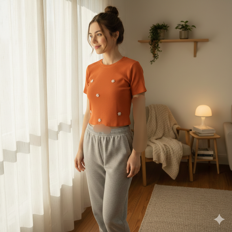 کراپ زنانه کبریتی مروارید دار فری سایز نارنجی