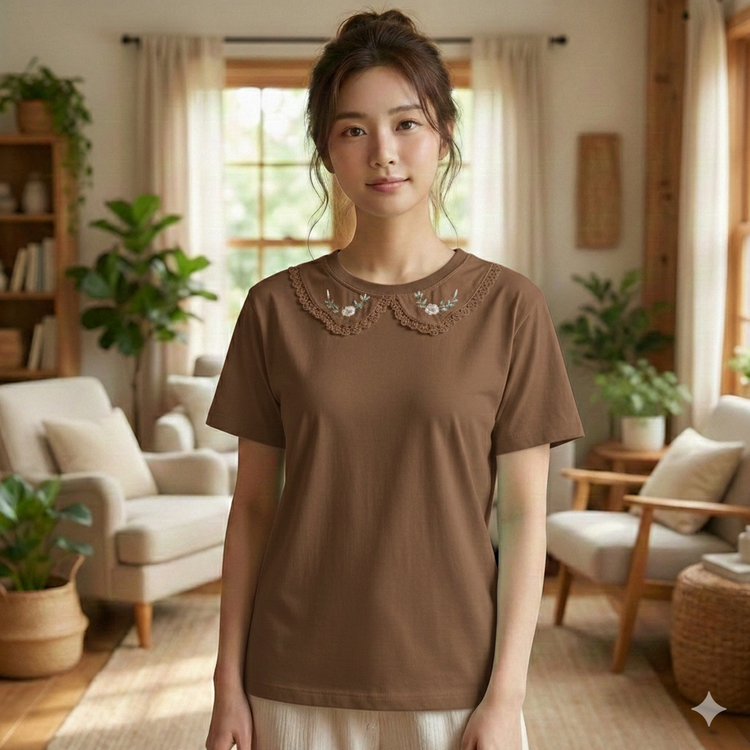 تیشرت زنانه یقه BB گلدوزی جنس نخ و پنبه فری سایز شکلاتی