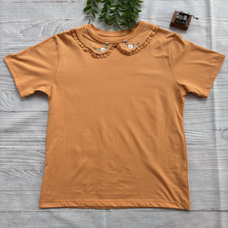 تیشرت زنانه یقه BB گلدوزی جنس نخ و پنبه فری سایز نارنجی