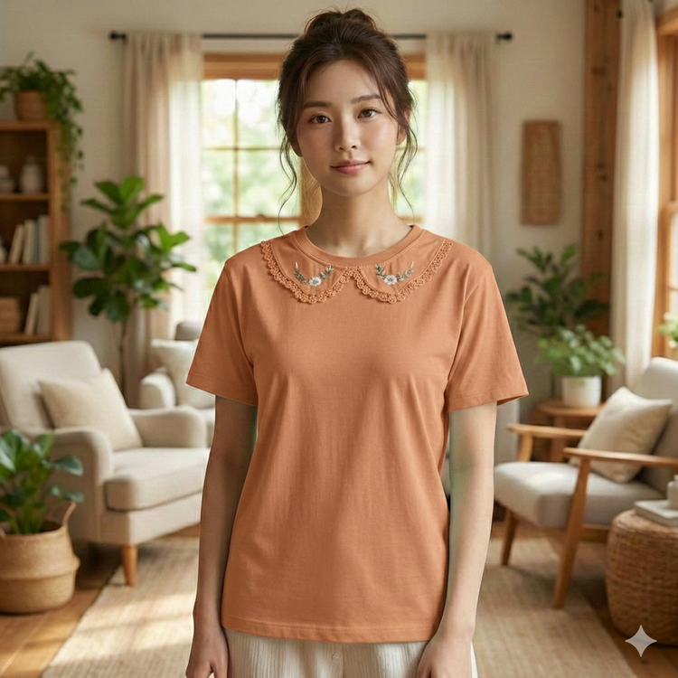 تیشرت زنانه یقه BB گلدوزی جنس نخ و پنبه فری سایز نارنجی