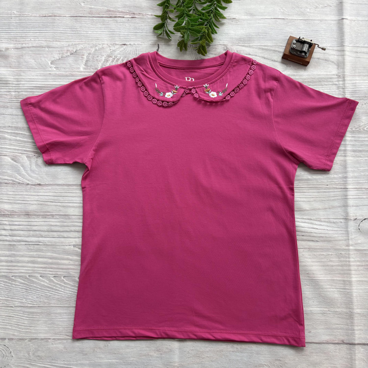 تیشرت زنانه یقه BB گلدوزی جنس نخ و پنبه فری سایز سرخابی