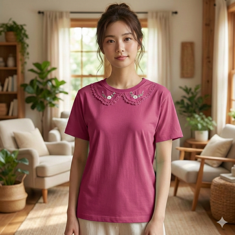 تیشرت زنانه یقه BB گلدوزی جنس نخ و پنبه فری سایز سرخابی