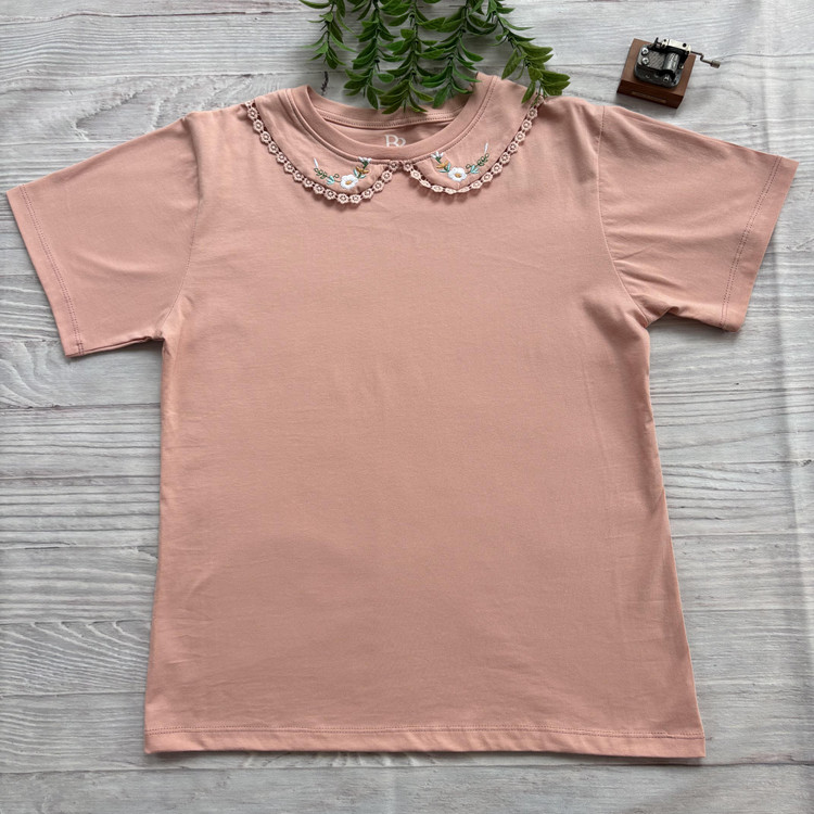 تیشرت زنانه یقه BB گلدوزی جنس نخ و پنبه فری سایز صورتی چرک