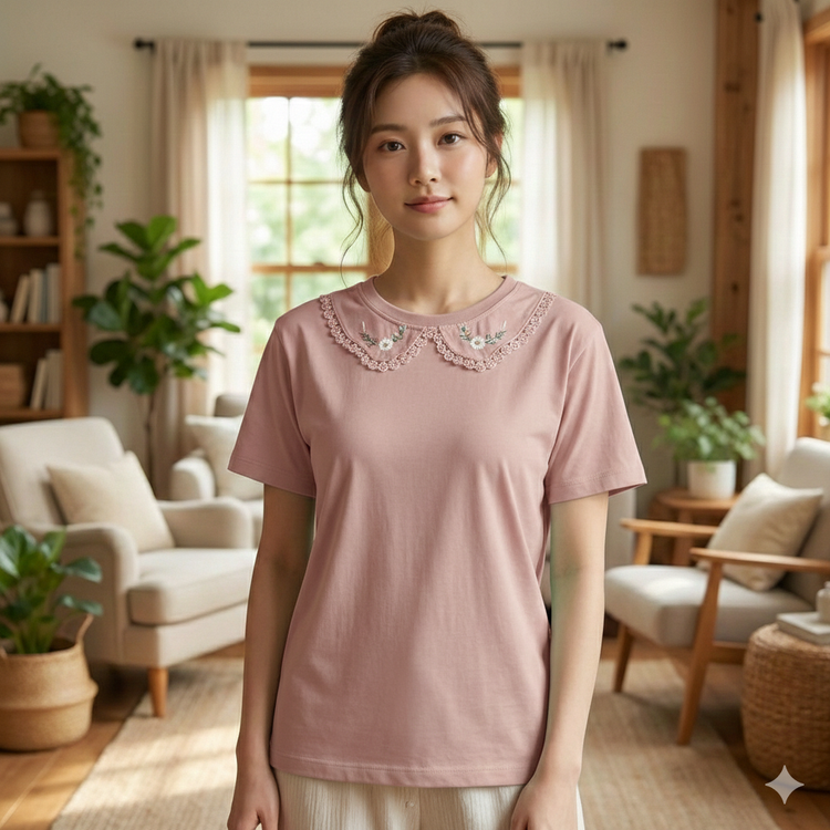 تیشرت زنانه یقه BB گلدوزی جنس نخ و پنبه فری سایز صورتی چرک