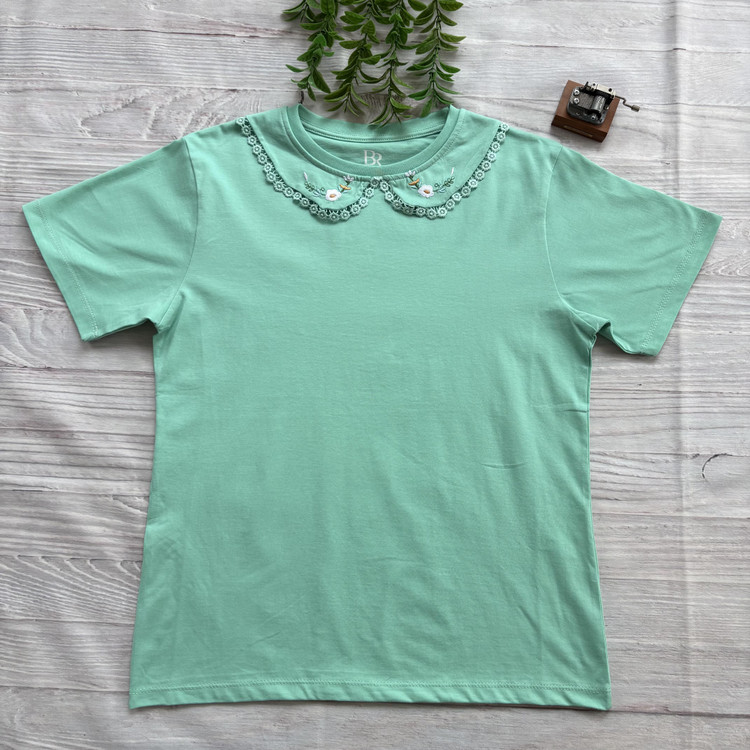 تیشرت زنانه یقه BB گلدوزی جنس نخ و پنبه فری سایز سبز آدامسی