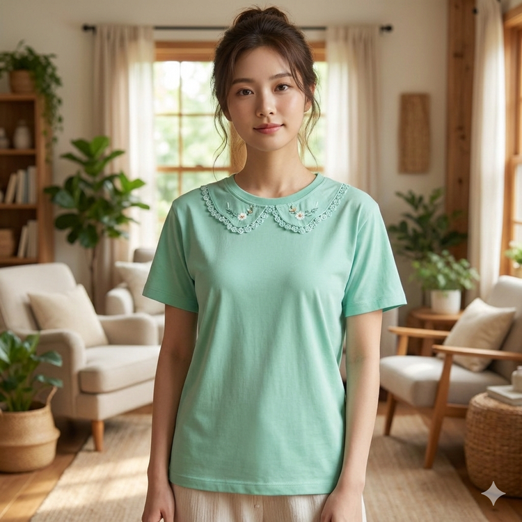 تیشرت زنانه یقه BB گلدوزی جنس نخ و پنبه فری سایز سبز آدامسی