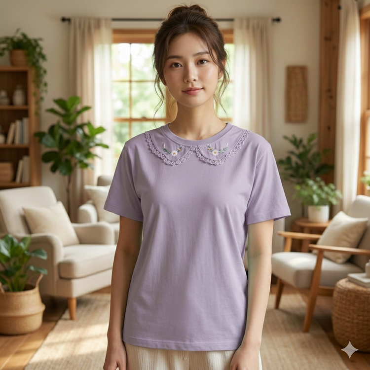 تیشرت زنانه یقه BB گلدوزی جنس نخ و پنبه فری سایز یاسی