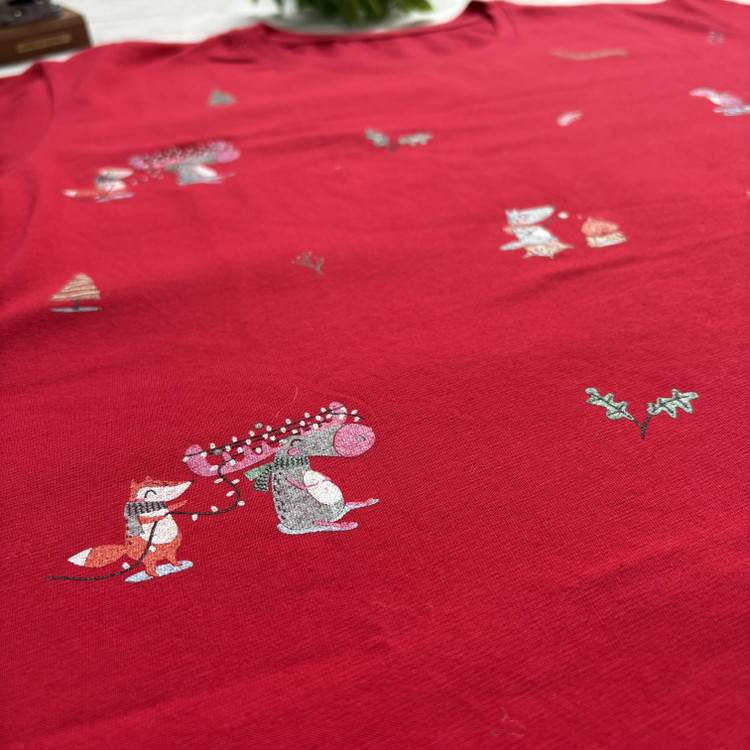 ست تیشرت شلوار زنانه طرح جنگل جنس نخ و پنبه علا فری سایز 36 تا 42 رنگ قرمز