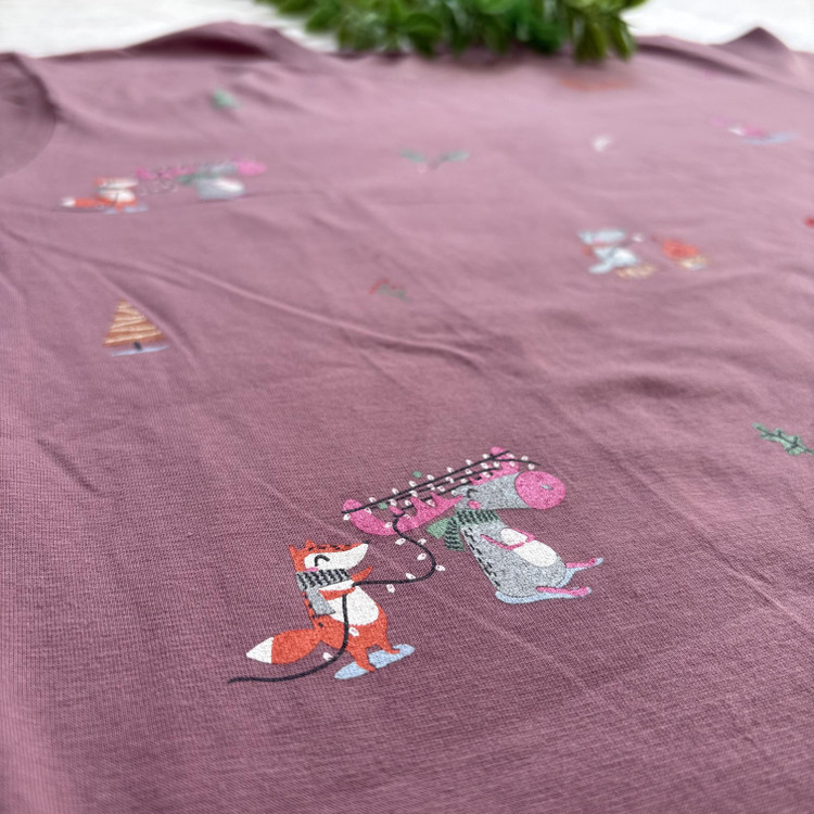 ست تیشرت شلوار زنانه طرح جنگل جنس نخ و پنبه علا فری سایز 36 تا 42 رنگ کالباسی تیره