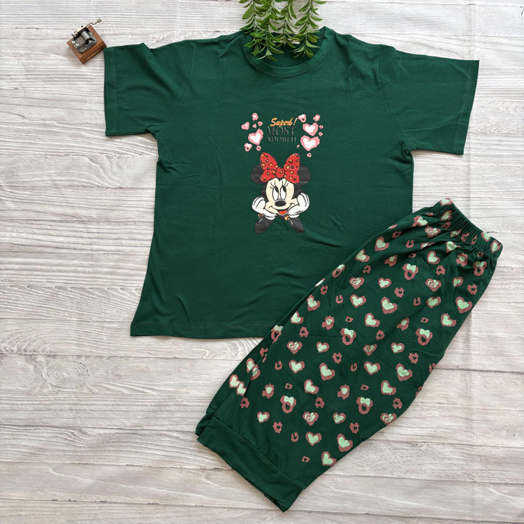 ست تیشرت شلوارک میکی موس زنانه جنس نخ پنبه اعلا فری سایز 36 تا 44 سبز