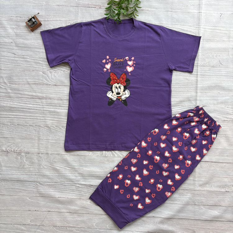 ست تیشرت شلوارک میکی موس زنانه جنس نخ پنبه اعلا فری سایز 36 تا 44 بنفش