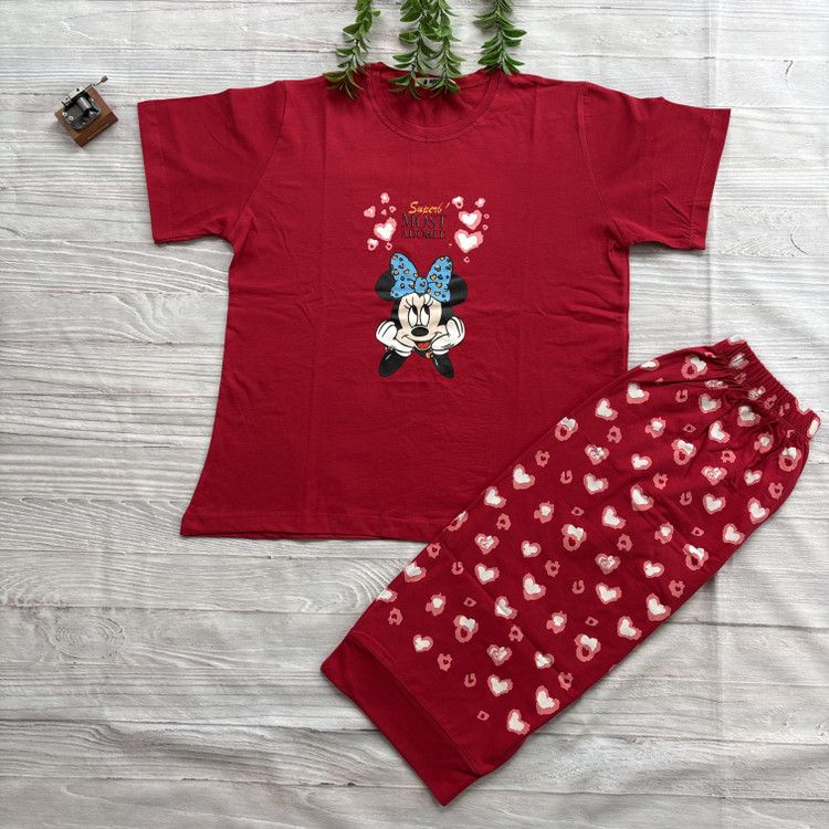 ست تیشرت شلوارک میکی موس زنانه جنس نخ پنبه اعلا فری سایز 36 تا 44 قرمز