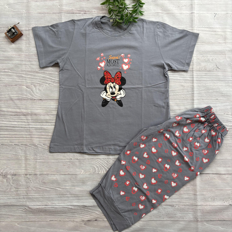 ست تیشرت شلوارک میکی موس زنانه جنس نخ پنبه اعلا فری سایز 36 تا 44 طوسی