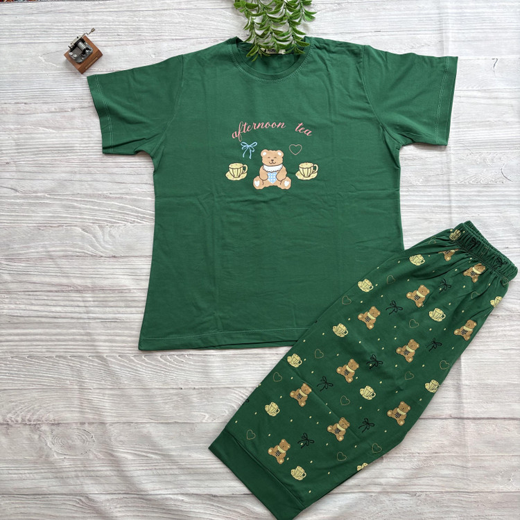 ست تیشرت شلوارک تدی زنانه جنس نخ پنبه اعلا فری سایز 36 تا 44 سبز