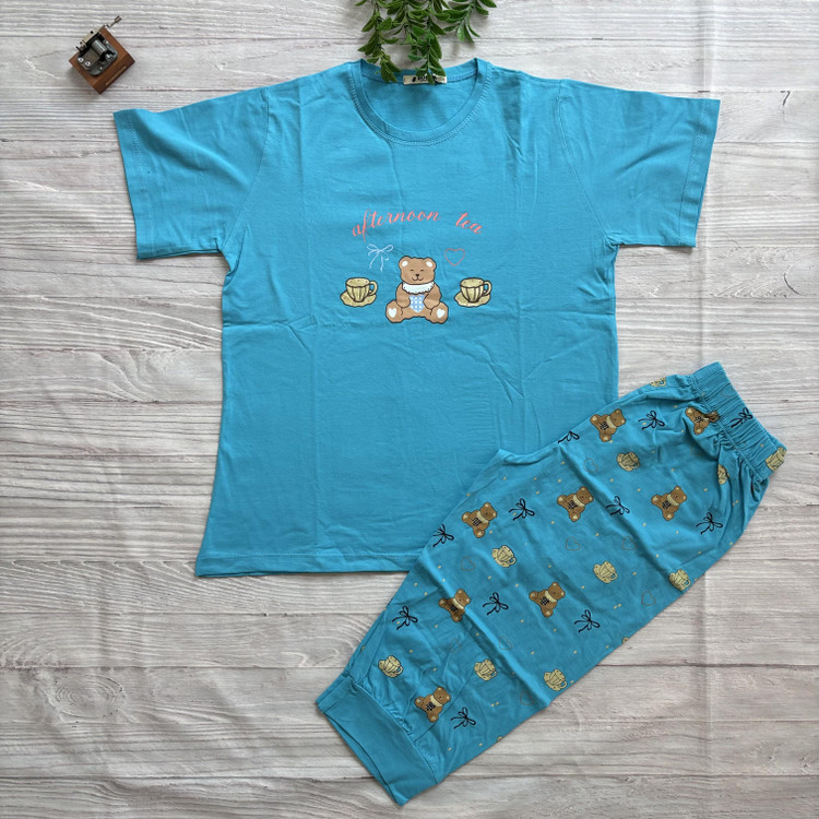 ست تیشرت شلوارک تدی زنانه جنس نخ پنبه اعلا فری سایز 36 تا 44 آبی