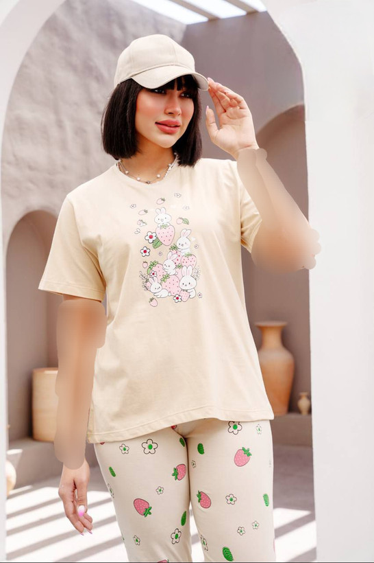 ست تیشرت شلوارک زنانه طرح خرگوش جنس نخ پنبه اعلا فری سایز 36 تا 44