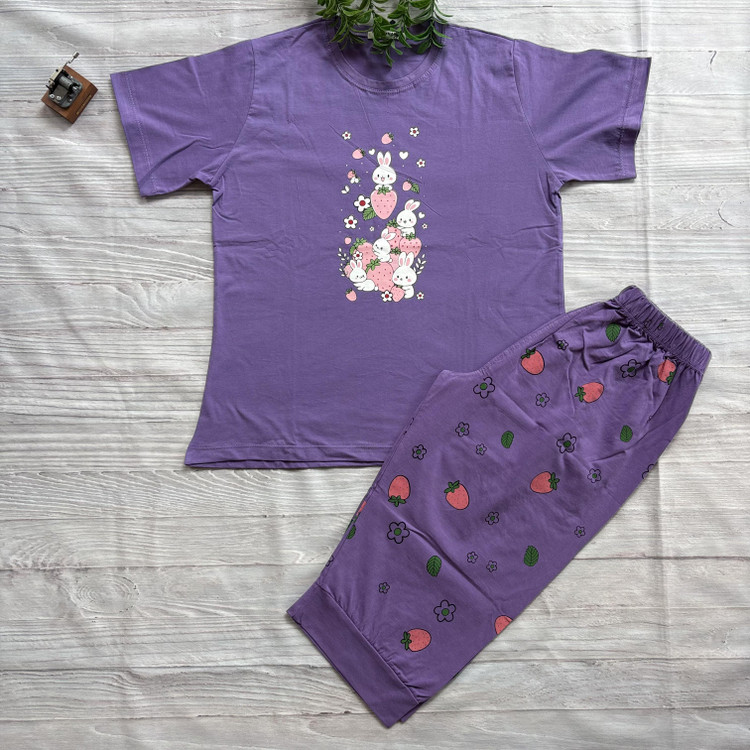 ست تیشرت شلوارک زنانه طرح خرگوش جنس نخ پنبه اعلا فری سایز 36 تا 44 بنفش