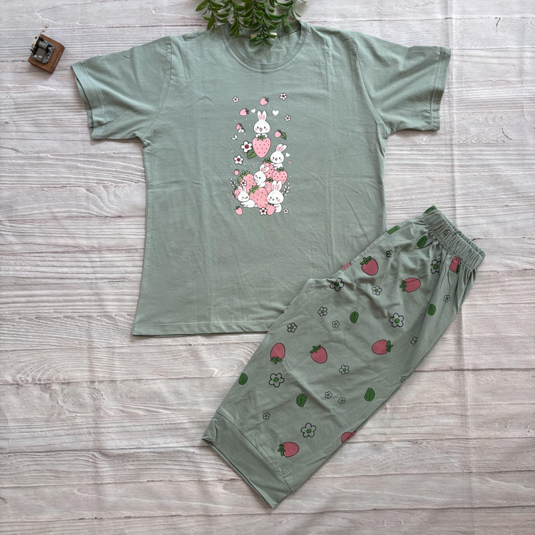 ست تیشرت شلوارک زنانه طرح خرگوش جنس نخ پنبه اعلا فری سایز 36 تا 44 سبز