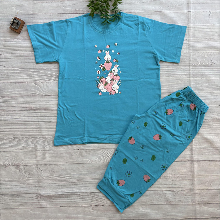 ست تیشرت شلوارک زنانه طرح خرگوش جنس نخ پنبه اعلا فری سایز 36 تا 44 آبی