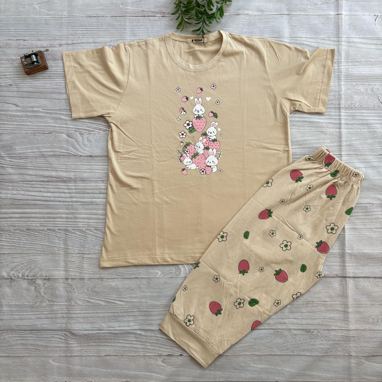 ست تیشرت شلوارک زنانه طرح خرگوش جنس نخ پنبه اعلا فری سایز 36 تا 44 کرم