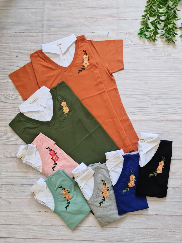 تیشرت یقه نساجی گلدوزی زنانه جنس نخ پنبه فری سایز 36 تا 42