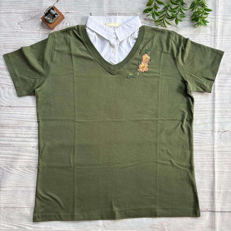 تیشرت یقه نساجی گلدوزی زنانه جنس نخ پنبه فری سایز 36 تا 42 سبز